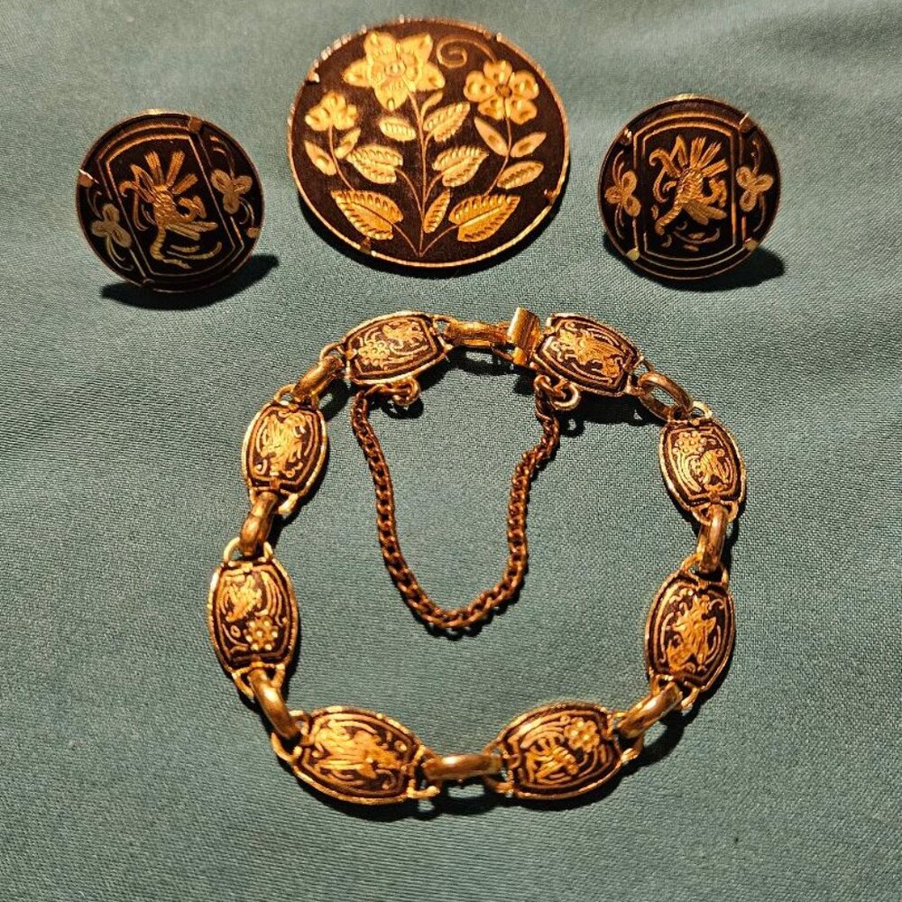 Vintage Damascene Pin Brooch Flowers Cuff Links and Bracelet Gold Tone Boho.